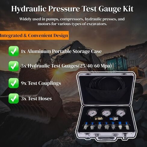 Hydraulic Pressure Test Kit, 25/40/60Mpa with 9 Couplings & 3 Hoses, Hydraulic Gauge Tester for Excavator, Construction Machinery, Mixizap in Kuwait