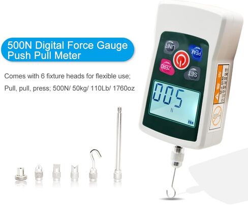 Digital Force Gauge 500N/ 50kg/ 110Lb/ 1760oz Portable Push Pull Force Meter Unit Switchable Backlit Mini Dynamometer with 6 Fixture Heads, Storage Case, Auto Power off in Kuwait