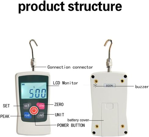Digital Force Gauge 500N/ 50kg/ 110Lb/ 1760oz Portable Push Pull Force Meter Unit Switchable Backlit Mini Dynamometer with 6 Fixture Heads, Storage Case, Auto Power off in Kuwait