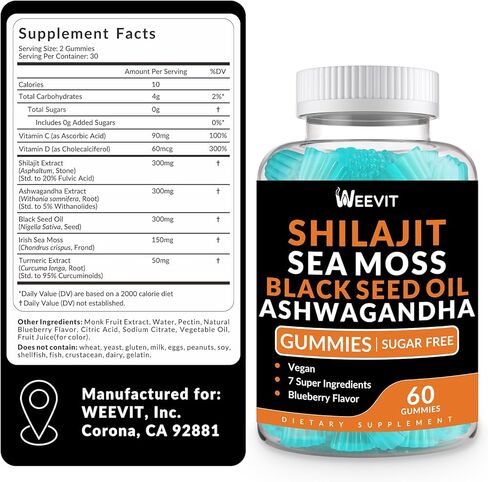 Shilajit Sea Moss Ashwagandha Gummies with Turmeric, Black Seed Oil, Vitamin C D for Men & Women, Shilajit and Ashwagandha Gummy, All in 1 Supplements for Immune, Absorption & Energy Support in Kuwait