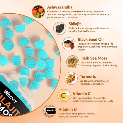 Shilajit Sea Moss Ashwagandha Gummies with Turmeric, Black Seed Oil, Vitamin C D for Men & Women, Shilajit and Ashwagandha Gummy, All in 1 Supplements for Immune, Absorption & Energy Support in Kuwait
