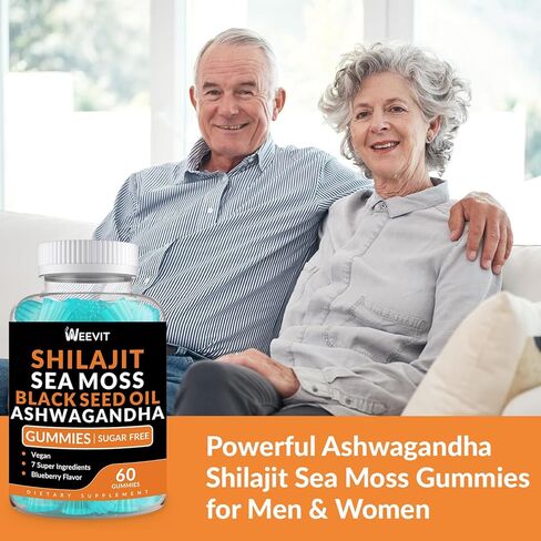 Shilajit Sea Moss Ashwagandha Gummies with Turmeric, Black Seed Oil, Vitamin C D for Men & Women, Shilajit and Ashwagandha Gummy, All in 1 Supplements for Immune, Absorption & Energy Support in Kuwait