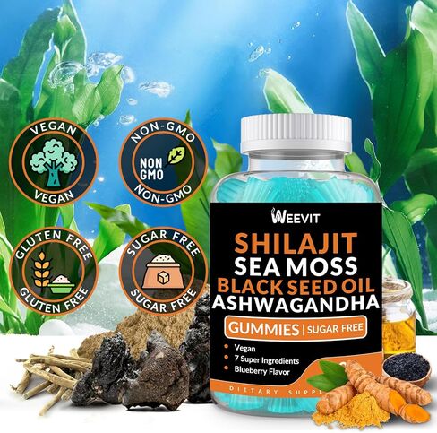 Shilajit Sea Moss Ashwagandha Gummies with Turmeric, Black Seed Oil, Vitamin C D for Men & Women, Shilajit and Ashwagandha Gummy, All in 1 Supplements for Immune, Absorption & Energy Support in Kuwait