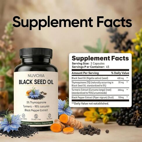 Nuvora Ethiopian Black Seed Oil - 5% Thymoquinone, Turmeric & Black Pepper, Cold Pressed, 90 Capsules in Saudi Arabia