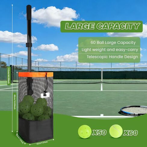 قادوس كرة التنس وأداة التقاط كرة المخلل، وعاء تجميع الكرات يحمل 60 كرة تنس أو 50 كرة مخلل، مقبض قابل للتعديل، مسترد كرة زنبركية شديدة التحمل للتدريب وممارسة المحكمة in Kuwait