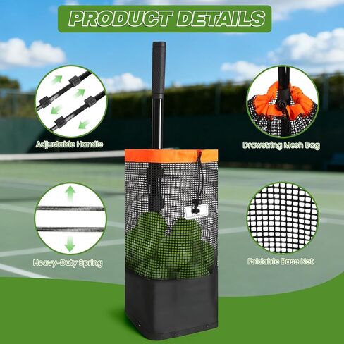 قادوس كرة التنس وأداة التقاط كرة المخلل، وعاء تجميع الكرات يحمل 60 كرة تنس أو 50 كرة مخلل، مقبض قابل للتعديل، مسترد كرة زنبركية شديدة التحمل للتدريب وممارسة المحكمة in Kuwait