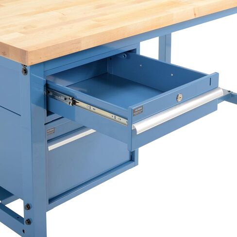 منضدة عمل Global Industrial مقاس 72 بوصة عرض × 36 بوصة عمق، حافة مربعة علوية سميكة من خشب البتولا مقاس 1-3/4 بوصة مع أدراج ورف، باللون الأزرق in Saudi Arabia
