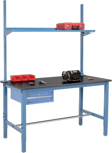 Global Industrial 72" W x 36" D Workbench, 1-5/8" Thick Phenolic Resin Safety Edge with Drawer, Upright & Shelf, Blue in Saudi Arabia
