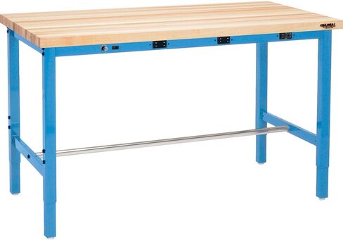 Global Industrial Adjustable Height Workbench with Power Apron, 72" W x 30" D, 1-3/4" Thick Maple Top Square Edge, 5000 Lbs Capacity, Blue, Assembly Required in Saudi Arabia