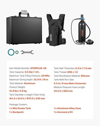VEVOR Mini Scuba Tank، خزان غوص محمول سعة 1.9 لتر للتنفس تحت الماء، أسطوانة غوص الرئة قابلة لإعادة الاستخدام لمدة تصل إلى 35 دقيقة من وقت الغوص، زجاجة مهر الإنقاذ في حالات الطوارئ مع حقيبة ظهر وحقيبة للغطس in Saudi Arabia