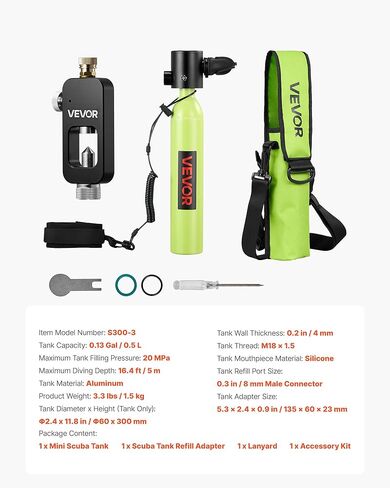 VEVOR Mini Scuba Tank, 0.5L Portable Diving Tank for Underwater Breathing, Reusable Lung Diving Cylinder up to 10 Minutes Dive Time, Emergency Rescue Pony Bottle with Refill Adapter for Snorkeling in Saudi Arabia