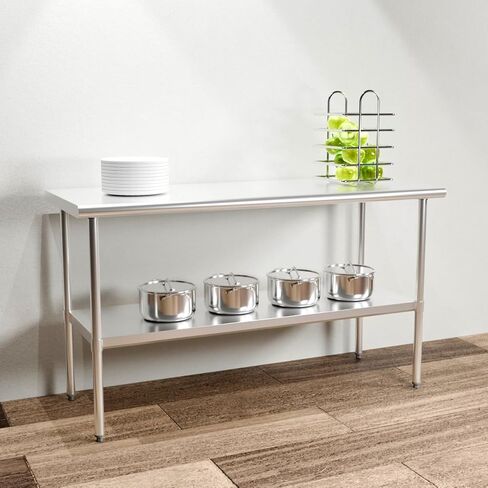 طاولة من الفولاذ المقاوم للصدأ للإعداد والعمل مقاس 60 × 24 بوصة، 5 أقدام، طاولة معدنية شديدة التحمل مع رف سفلي قابل للتعديل للمطبخ التجاري، المطعم، المنزل، الفندق، غرفة الغسيل، المرآب، ورش العمل in Kuwait