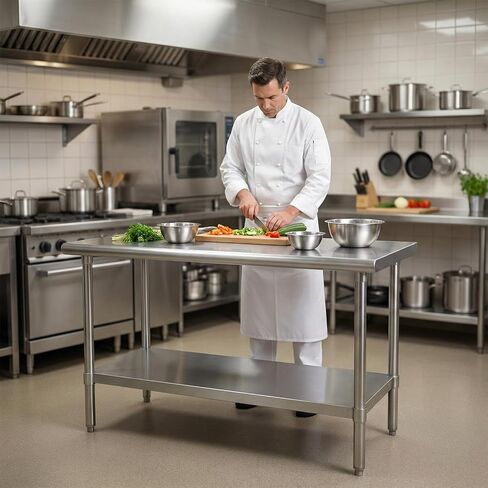 طاولة من الفولاذ المقاوم للصدأ للإعداد والعمل مقاس 60 × 24 بوصة، 5 أقدام، طاولة معدنية شديدة التحمل مع رف سفلي قابل للتعديل للمطبخ التجاري، المطعم، المنزل، الفندق، غرفة الغسيل، المرآب، ورش العمل in Kuwait
