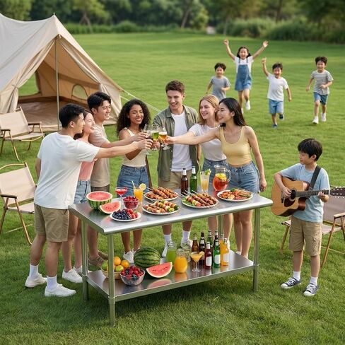 طاولة من الفولاذ المقاوم للصدأ للإعداد والعمل مقاس 60 × 24 بوصة، 5 أقدام، طاولة معدنية شديدة التحمل مع رف سفلي قابل للتعديل للمطبخ التجاري، المطعم، المنزل، الفندق، غرفة الغسيل، المرآب، ورش العمل in Kuwait