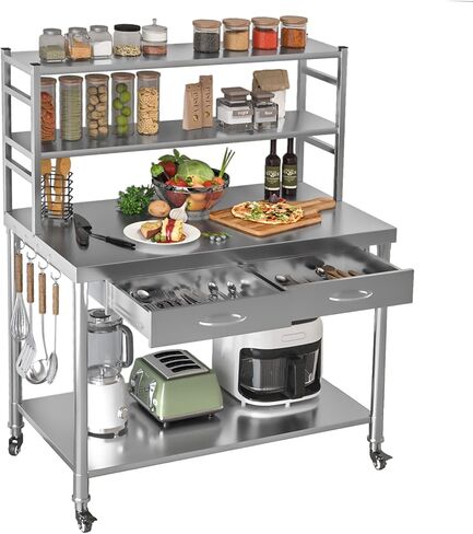 طاولة من الفولاذ المقاوم للصدأ مع أرفف ودرج مقاس 48 بوصة × 24 بوصة طاولة إعداد للمطبخ التجاري كونترتوب من الفولاذ مع طبقتين قابلتين للتعديل من الأرفف الزائدة وطاولات العمل لمرآب المطاعم المنزلية in Kuwait