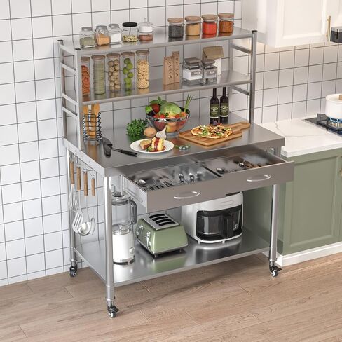 طاولة من الفولاذ المقاوم للصدأ مع أرفف ودرج مقاس 48 بوصة × 24 بوصة طاولة إعداد للمطبخ التجاري كونترتوب من الفولاذ مع طبقتين قابلتين للتعديل من الأرفف الزائدة وطاولات العمل لمرآب المطاعم المنزلية in Kuwait