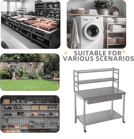 طاولة من الفولاذ المقاوم للصدأ مع أرفف ودرج مقاس 48 بوصة × 24 بوصة طاولة إعداد للمطبخ التجاري كونترتوب من الفولاذ مع طبقتين قابلتين للتعديل من الأرفف الزائدة وطاولات العمل لمرآب المطاعم المنزلية in Kuwait