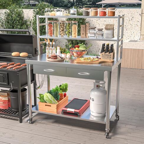 طاولة من الفولاذ المقاوم للصدأ مع أرفف ودرج مقاس 48 بوصة × 24 بوصة طاولة إعداد للمطبخ التجاري كونترتوب من الفولاذ مع طبقتين قابلتين للتعديل من الأرفف الزائدة وطاولات العمل لمرآب المطاعم المنزلية in Kuwait