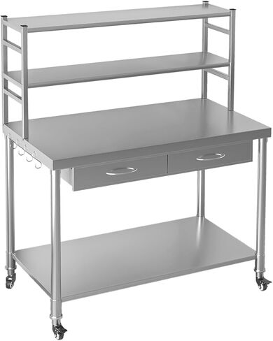 طاولة من الفولاذ المقاوم للصدأ مع أرفف ودرج مقاس 48 بوصة × 24 بوصة طاولة إعداد للمطبخ التجاري كونترتوب من الفولاذ مع طبقتين قابلتين للتعديل من الأرفف الزائدة وطاولات العمل لمرآب المطاعم المنزلية in Kuwait