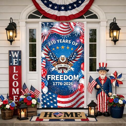 غطاء باب الذكرى السنوية الـ 250 لبروبسين، لافتة مقاس 6 × 2.9 قدم 1776-2026، لوازم حفلات عيد الميلاد الـ 250 لأمريكا النسر، ديكور حائط معلق مع حلقات نحاسية لديكورات الأبواب الداخلية والخارجية in Kuwait