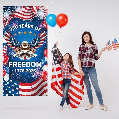 غطاء باب الذكرى السنوية الـ 250 لبروبسين، لافتة مقاس 6 × 2.9 قدم 1776-2026، لوازم حفلات عيد الميلاد الـ 250 لأمريكا النسر، ديكور حائط معلق مع حلقات نحاسية لديكورات الأبواب الداخلية والخارجية in Kuwait