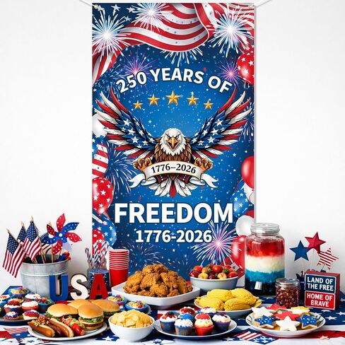 غطاء باب الذكرى السنوية الـ 250 لبروبسين، لافتة مقاس 6 × 2.9 قدم 1776-2026، لوازم حفلات عيد الميلاد الـ 250 لأمريكا النسر، ديكور حائط معلق مع حلقات نحاسية لديكورات الأبواب الداخلية والخارجية in Kuwait