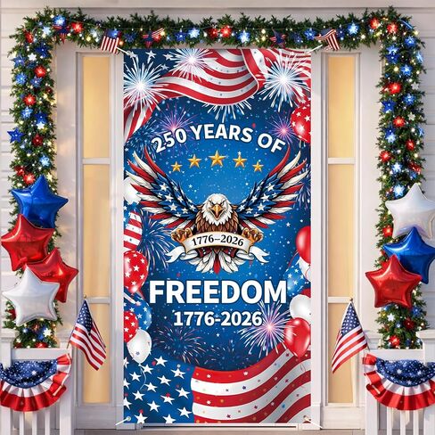 غطاء باب الذكرى السنوية الـ 250 لبروبسين، لافتة مقاس 6 × 2.9 قدم 1776-2026، لوازم حفلات عيد الميلاد الـ 250 لأمريكا النسر، ديكور حائط معلق مع حلقات نحاسية لديكورات الأبواب الداخلية والخارجية in Kuwait