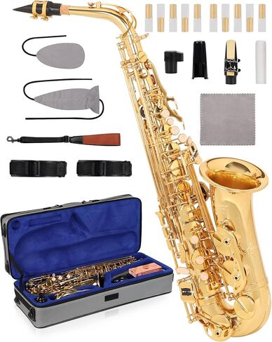 AKLOT Handcrafted E-Flat Alto Saxophone: Gold Brass Body with Clear, Balanced Tone, Secure Air Seal, Durable 23-Key System, Includes Stylish Case, Saxophone Cleaning Kit, Reeds & Gloves (BL-SF) in Kuwait