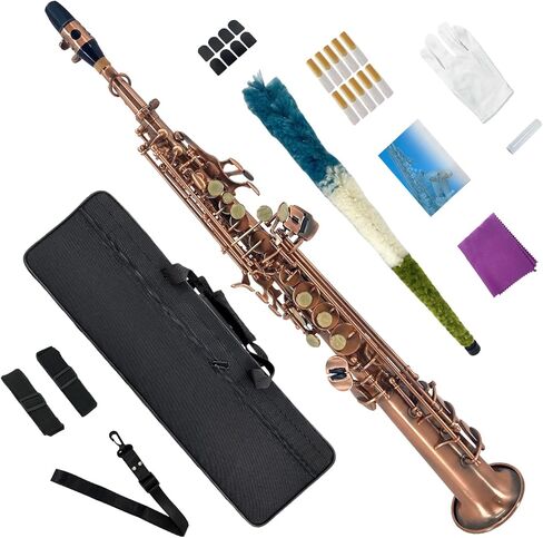 Bb Straight Soprano Saxophone Gold Lacquer Brass with Exquisite Carving and Shell Keys Full Set Includes Hard Case Mouthpiece Reeds Gloves for Students in Kuwait