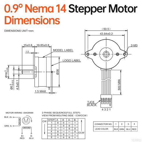 0.9° Round Nema 14 Stepper Motor 2 Phase High Torque 8Ncm(11.33oz·in) Bipolar 0.4A 17Ω 36-20mm 4-Lead Shaft 15mm φ5mm 36mm Stepper Motor Cable 0.5M for 3D Printer DIY Robot CNC Machine in Kuwait