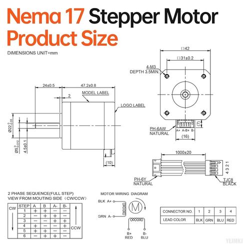 Nema 17 Stepper Motor 2 Phase 1.8‌°‌ 0.6Nm(84.97oz·in) High Torque Bipolar 48mm 1.2Ω 2.3A 4-Wire Shaft 24mm φ5mm 42 Stepper Motor Cable 1M for 3D Printer DIY Robot CNC Machine in Kuwait
