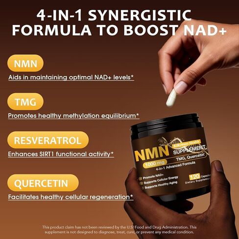 NMN Supplement 1000mg - NMN Supplement 1000mg Pure Organic, NMNH Alternative, Resveratrol Supplement, NAD+ Supplement, TMG & Quercetin for Cellular Support 120 Capsules in Kuwait