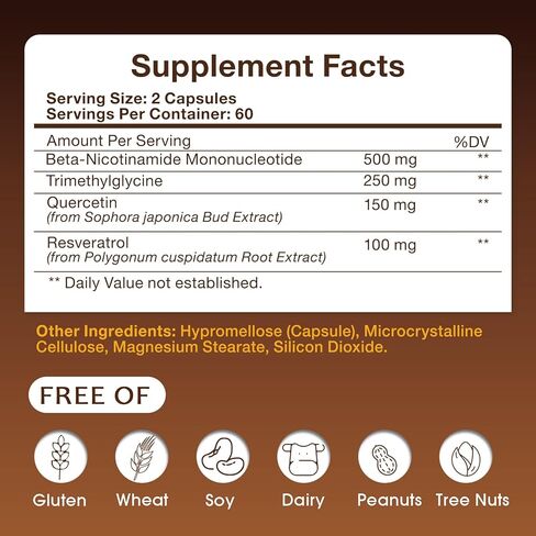 NMN Supplement 1000mg - NMN Supplement 1000mg Pure Organic, NMNH Alternative, Resveratrol Supplement, NAD+ Supplement, TMG & Quercetin for Cellular Support 120 Capsules in Kuwait