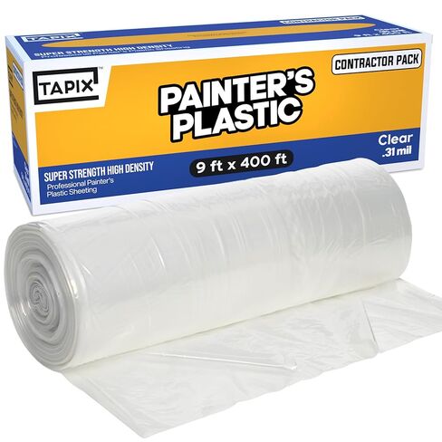 فيلم بلاستيكي للرسام عالي التحمل 0.39 مل، طول 400 بوصة × عرض 9 بوصة، لفافة أغطية بلاستيكية عالية الكثافة للرسامين في صندوق مع فتحة توزيع لسهولة تغطية البلاستيك بالطلاء in Kuwait