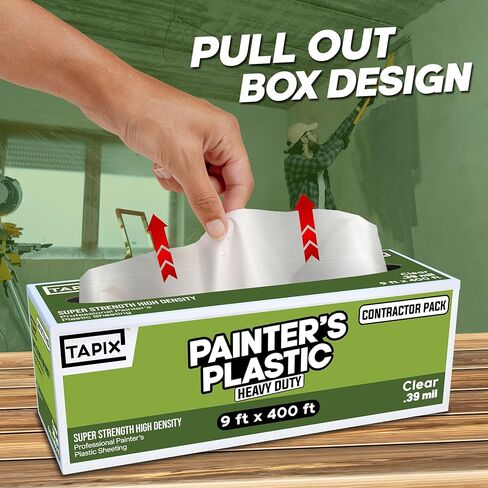 Painter's Plastic Film Heavy Duty 0.39 mil, 400' Length x 9' Width High, High Density Painters Plastic Sheeting Roll in Box with Dispense Hole for Easy Paint Plastic Covering in Saudi Arabia