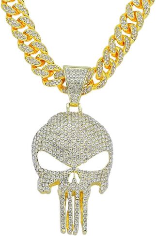 Cool Skull Necklace for Men Women, Halloween Necklace, Iced Out Cuban Chain Diamonds with Bling Skulls Pendant, Chunky Cubic Link Chains Necklaces, Unique Large Hip Hop Rhinestone Gifts, Mens Big Gold Plated Cosplay Costume Punk Gothic Goth Jewelry in Kuwait