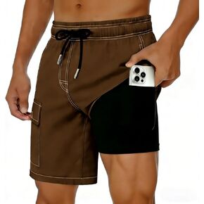 سروال سباحة رجالي مع بطانة ضغط 2 في 1 شورت سباحة صيفي للشاطئ 7 بوصة مع جيوب in Kuwait