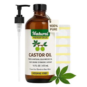 USDA Organic Castor Oil 16oz with Pump & Belly Patches – Cold Pressed, Hexane-Free, 100% Pure Low Odor Oil for Hair Growth, Eyelashes, Eyebrows, Beard, Skin & Nails – Includes 5 Castor Oil Packs in Saudi Arabia