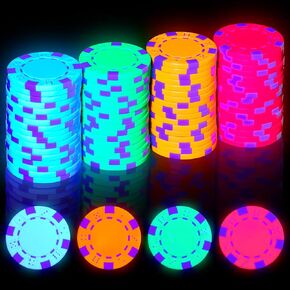 Duraaamo 100 Pcs Glow in The Dark Casino Chips, Black Light Clay Composite Dice Striped Neon Fluorescent Casino Chips for Glow in The Dark UV Light Playing Party Supplies Games in Kuwait