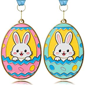 2 Pcs Easter Gold Medals, 2.95 Inch Easter Bunny Egg Shape Award with Colorful Neck Ribbons, Easter & Spring Spirit Medallion Decorating Contest Award Medals for Egg Hunt Party Gift in Kuwait