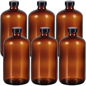 6 عبوات من الزجاجات الكهرمانية سعة 32 أونصة مع أغطية، زجاجات بوسطن الزجاجية المستديرة مع أغطية سوداء لتخمير الكمبوتشا الثانوي والمواد الكيميائية المخبرية in Kuwait