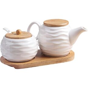 Ceramic Sugar and Creamer Set, Includes 11.8 oz Creamer Pitcher and 7.4 oz Sugar Bowl, Coffee Bar Serving Set with Wooden Tray & Lid, Porcelain Spice Container Set for Home Kitchen in Kuwait