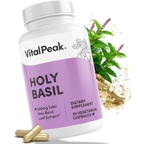 Vital Peak® Holy Basil 500 mg - دعم المزاج والاسترخاء - مكملات التولسي للنساء والرجال - نباتي، خالي من الغلوتين، خالي من الألبان، خالي من الصويا، غير معدل وراثيًا - 30 كبسولة in Kuwait