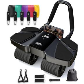 Ab Roller Home Gym Equipment – 4 Wheels Ab Wheel Muscle Roller with LCD Screen, 5Pcs Resistance Bands, Ankle Straps, Door Anchor, Handles, Travel Bag – Comfortable Elbow Support with Non-Slip Handles in Kuwait