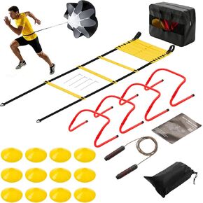 OLIXIS Soccer Agility Training Equipment Set- 20 ft Speed Ladder, 12 Soccer Cones, 4 Agility Hurdles, Jump Rope, Resistance Parachute Speed Training Equipment for Kids, Youth, Adults in Kuwait