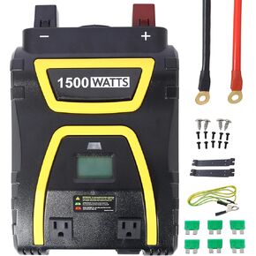 عاكس طاقة 1500 واط موجة جيبية معدلة - محول تيار متردد 12 فولت تيار مستمر إلى 115 فولت مع منفذي USB، النوع C، 3 منافذ تيار متردد، شاشة LCD، للسيارة والشاحنات والمركبات الترفيهية والتخييم ومواقع العمل والطوارئ، أسود in Kuwait