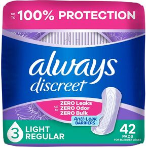 Always Discreet Adult Incontinence Pads for Women, Light Absorbency, Regular Length, Postpartum Pads, Up to 100% Bladder Leak Protection, 42 Count in Kuwait