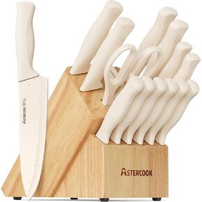 Astercook Knife Set, 15 Pieces Kitchen Knife Set with Sharpener Block, German Stainless Steel Knives Set with Anti-Rust Coating, Dishwasher Safe Elegant Cream White Knife Block Sets, Valentine's Gift in Kuwait