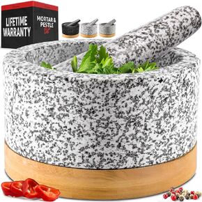 PriorityChef Heavy Duty Mortar and Pestle Set with Bamboo Base, 100% Natural Granite Stone Grinder, Guacamole Bowl and Masher, 2 Cups, Black in Kuwait