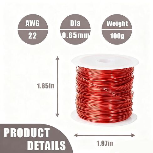 سلك مغناطيسي 22AWG - سلك نحاسي مطلي بالمينا - 3.5 أونصة، سلك لف مغناطيسي مطلي بالمينا يستخدم لمحولات المحولات تصنيف درجة الحرارة 155 درجة مئوية (311 درجة فهرنهايت) (22AWG/100 جم) in Kuwait